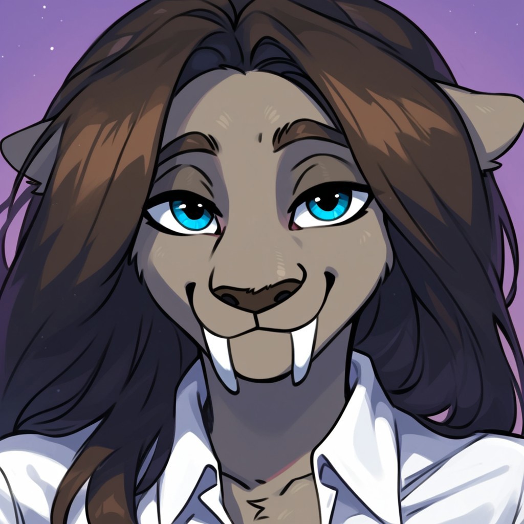 score_9, score_8_up, score_7_up, Expressiveh, masterpiece, best quality, highly detailed, realistic, (zPDXL3), 1girl, solo, (ShaniZM, female furry, anthro, felid, saber-toothed tiger, brown hair, long hair, brown nose, brown eyebrows, fangs, sabertooth, blue eyes, grey body, grey fur, tail, medium breasts, upper body), close-up, smile, closed mouth, (purple background, simple background), ((looking at viewer, white shirt, cleavage, clothed, arms down))