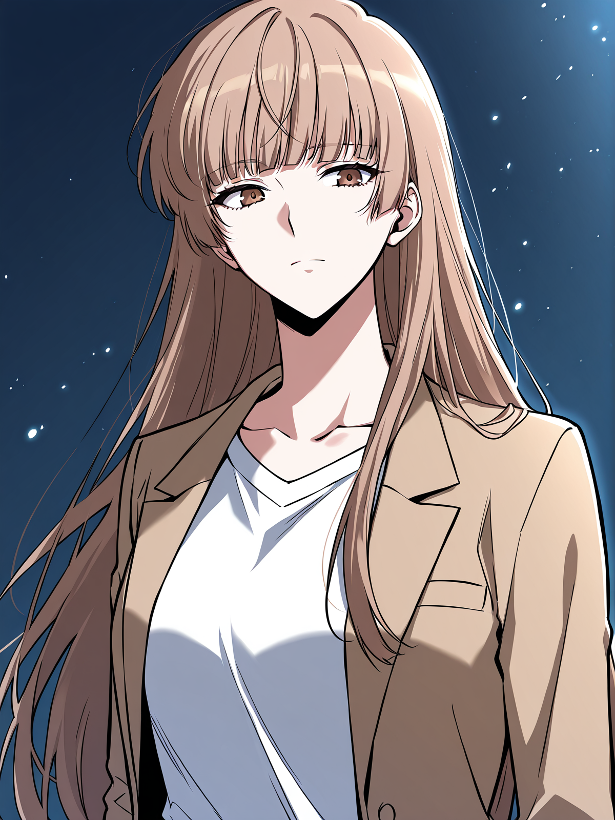 <lora:Omniscient_Readers_Viewpoint__Yoo_Sangah:1>
1 girl, solo, long hair, light brown hair, straight hair, blunt bangs, brown eyes,
brown blazer, white t-shirt, brown pants,
score_9, score_8_up, score_7_up, score_6_up, source_anime, rating_explicit, masterpiece, best quality, intricate details, gothic fantasy, upper body portrait, dramatic pose, confident gaze, cinematic lighting, clean background, glowing magical particles, detailed face, vibrant colors