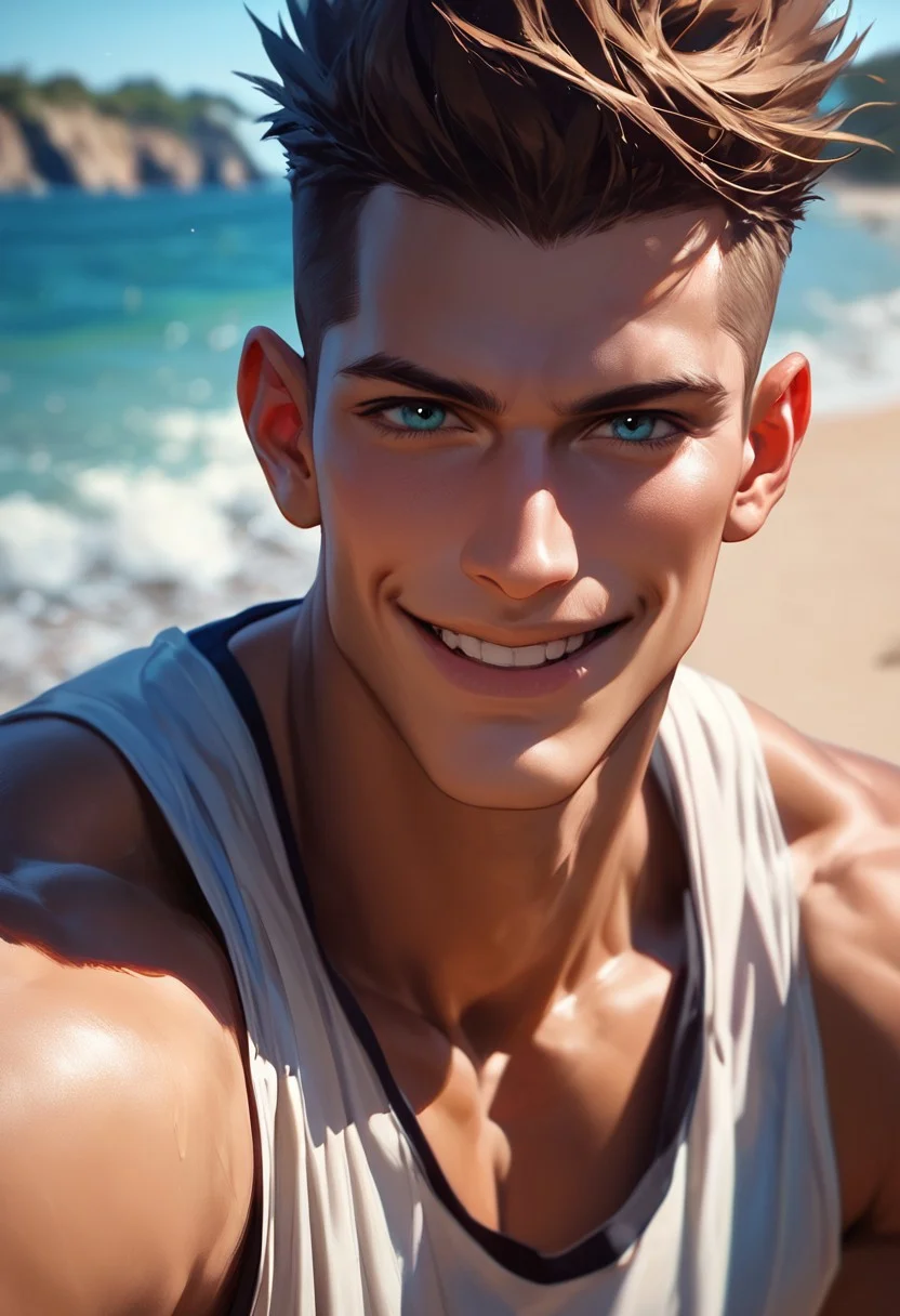 score_9,score_8_up,score_7_up, handsome 30 yo man posing, smile, head and upper body shot, faux hawk hair, tank top, beach, shorts, looking at viewer