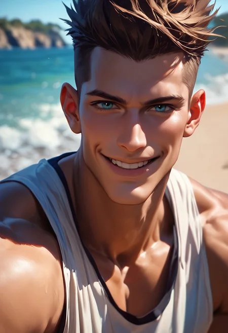 score_9,score_8_up,score_7_up, handsome 30 yo man posing, smile, head and upper body shot, faux hawk hair, tank top, beach, shorts, looking at viewer