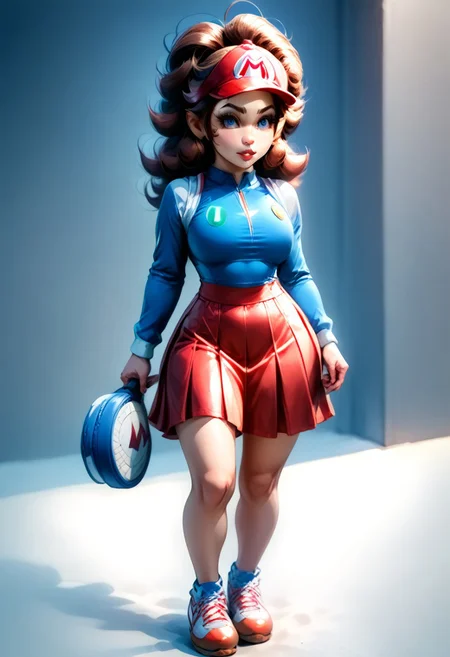 <lora:MtF_Genderswap:1>, genderswap \(mtf\), Mario, facing forward, adult woman, extremely large nose, extremely bulbous nose, very wide face, circular head shape, wide chin, wide jawline, brown hair, lightly curly hair, blue eyes, average bust, wide hips, red and blue clothes, tennis uniform, two-tone skirt, fully clothed, zPDXL, score_9, score_8_up, score_7_up, score_6_up, score_5_up, score_4_up,
full body render, full body, photorealistic image, realistic image, high quality, detailed face, realistic human proportions, detailed clothes, even lighting, no aura, no glow,