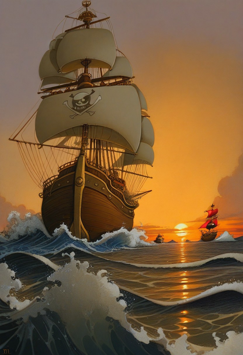 masterpiece, best quality, very aesthetic, absurdres, 
ocean, pirate ship, scenery, sunset, waves, 
fr-pi-il