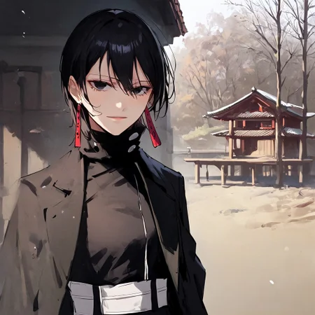 Kagari Hiyuki, black hair, medium hair, black eyes, red earrings, earrings, long earrings, long red earrings, light skin, fair skin, lashes, eyelashes, black clothing, black trousers, leather jacket, black turtleneck shirt, sleeves, long sleeves, black clothes, white belts, belt, belts, heels, high heels, white heels, white high heels, anime style, full body, long legs, stylish, relaxing, relaxed, hips, curves, masterpiece, beautiful, good quality, flawless, japanese house background, japanese house, perfect, perfect anatomy, good anatomy, perfection, gorgeous, high quality, detailed, detailed face, BREAK, score_9, score_8_up, score_7_up, score_6_up