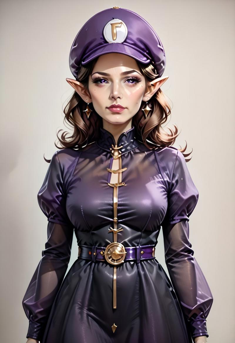{1woman, solo:3.0, ((adult:3.0)), mature female, full body, Waluette, no mustache:2.0, pointy ears, face framing bangs, brown hair, small bust:2.0, hat, purple hat, m dress, long sleeves, black dress, puffy long sleeves, belt, purple accents, gold accents, standing, standing upright:2.0, }
4kFacePonyXL,