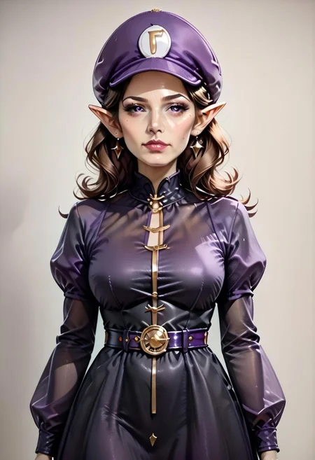 {1woman, solo:3.0, ((adult:3.0)), mature female, full body, Waluette, no mustache:2.0, pointy ears, face framing bangs, brown hair, small bust:2.0, hat, purple hat, m dress, long sleeves, black dress, puffy long sleeves, belt, purple accents, gold accents, standing, standing upright:2.0, }
4kFacePonyXL,