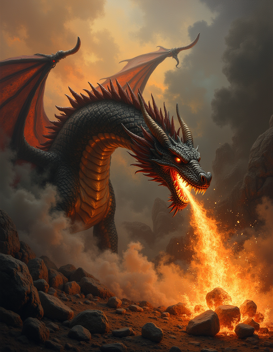 An atmospheric painting of a a dragon breathing fire