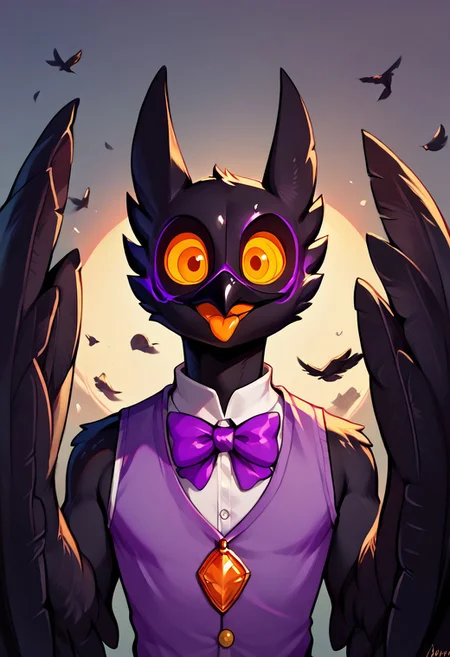 Barnaby, 1boy, yellow eyes, orange sclera, black body, long neck, feathers, bird feet, winged arms, bird tail, black beak, purple vest, sleeveless, purple bowtie, orange tongue, avian, furry, anthro, ghost, owl, spirit, digitigrade, no humans, perfect anatomy, solo, (insanely detailed, beautiful detailed face, masterpiece, cinematic lighting, detailed hands, detailed face, best quality), (sharp), score_9_up, score_8_up, score_7_up, score_6_up, highest quality, 8K, RAW photo, source_anime, perfect face, perfect hands, upper body