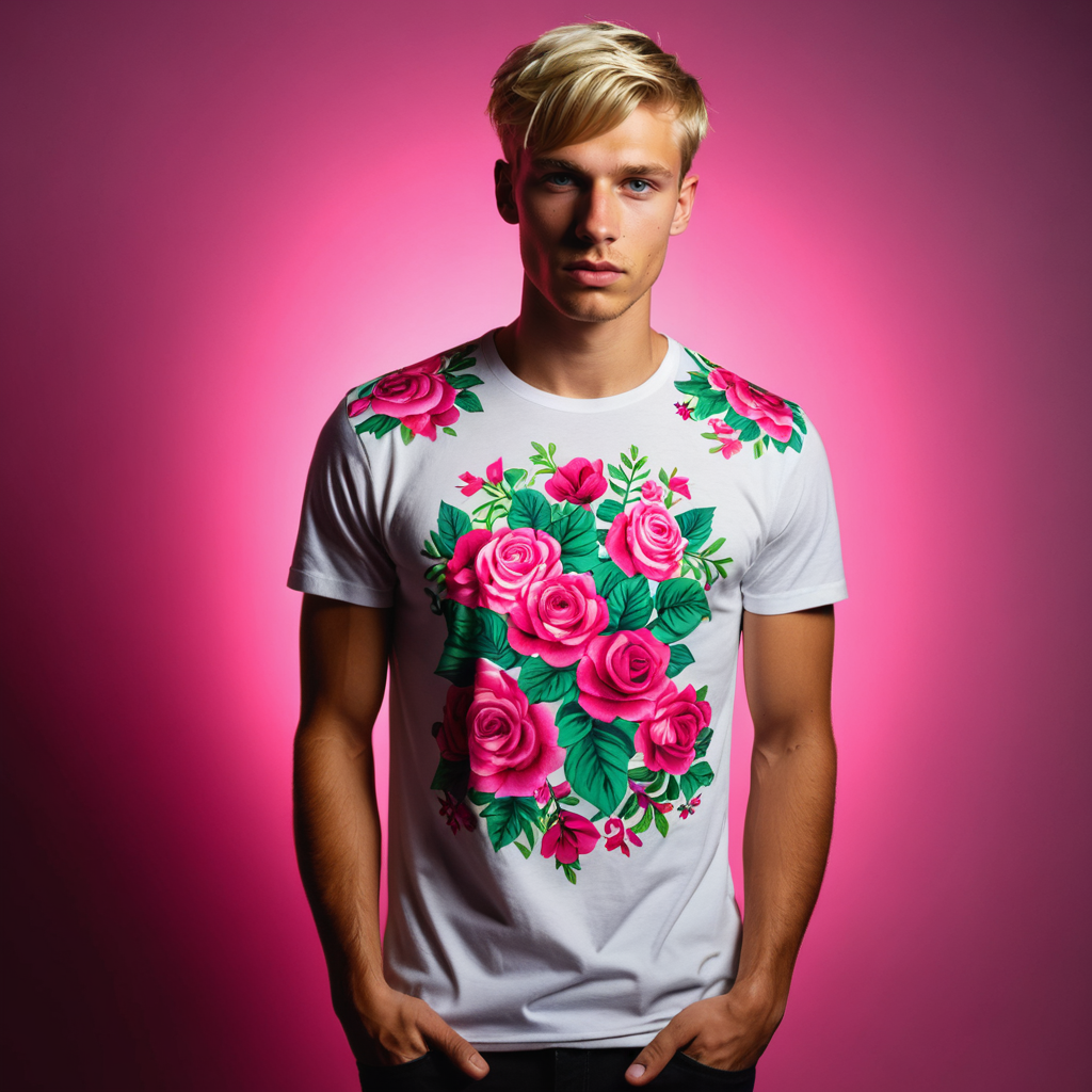 Raw photo, high saturation, full body shot of a juicy German twunk, guy next door pose, model, boy next door, floral patterned white skinny t-shirt, cheeky, very short undercut blonde hair, blonde stubble, high fashion, (silhouette), (shadows), skin imperfections,
BREAK
photography studio background, hot pink neon stage lighting