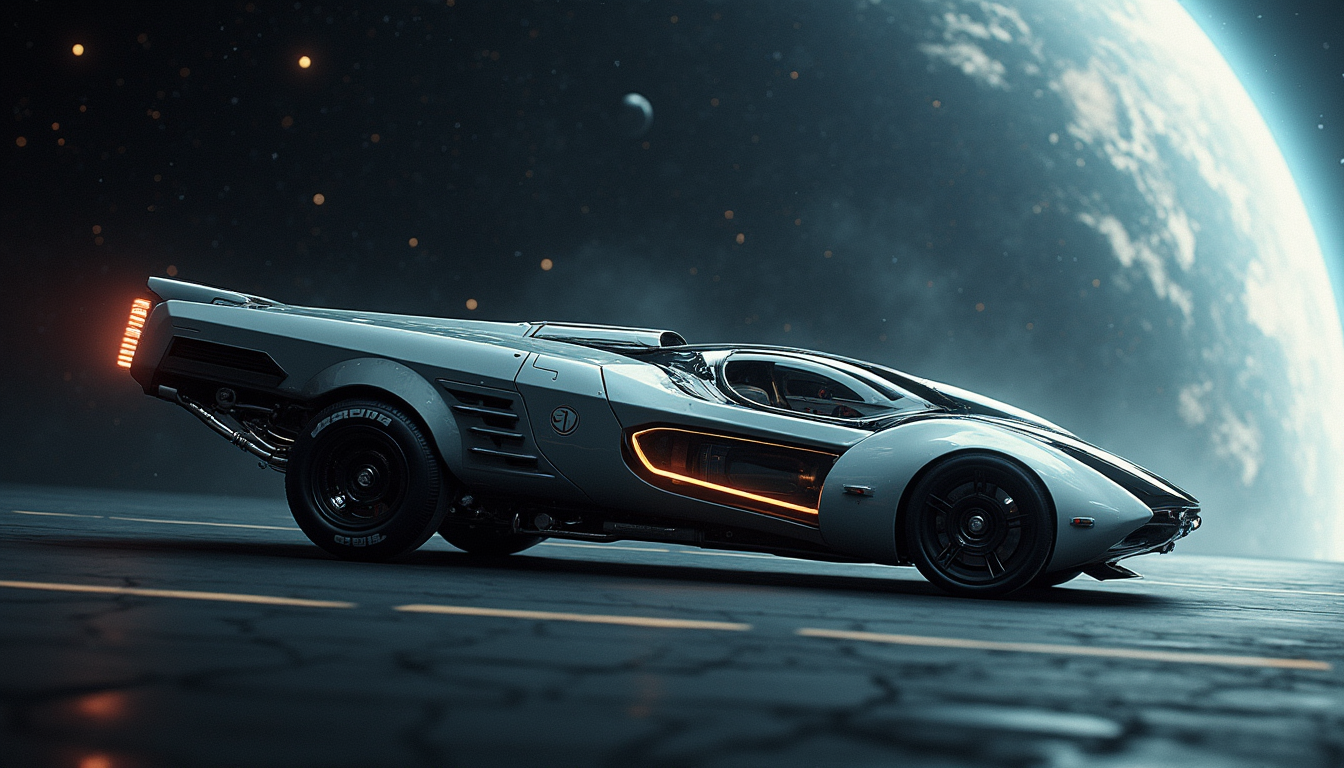 A picture of a futuristic yfg-sde in outer space hovering around a space station. The camera is positioned perfectly perpendicular to the side of the car.