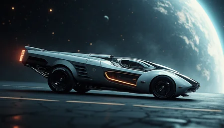 A picture of a futuristic yfg-sde in outer space hovering around a space station. The camera is positioned perfectly perpendicular to the side of the car.
