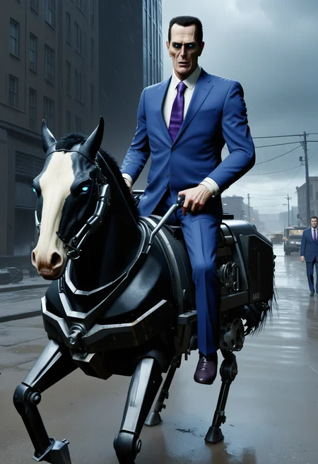 Gman, thin middle-aged, suit, dark purple tie, pale skin, black hair, blue eyes, expressionless, riding a mechanical combine horse, stormy weather, city 17,
combinestyle
