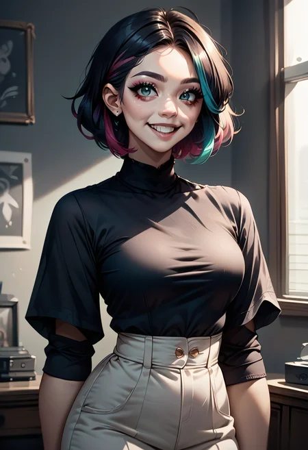 score_9, score_8_up, score_7_up, score_6_up, score_5_up, 1girl, rating_safe, waist up, N1co, two-tone hair, smiling, indoors <lora:Nico_Nobody_-_PDXL32:0.7> <lora:RealisticAnime:0.7>