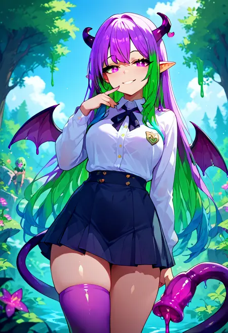 score_9, score_8_up, score_7_up, 1girl, succubus tail, tailjob, 1boy, slime, huge tail, monster girl, multicolored hair, purple hair, green hair, wings, skirt, outdoors