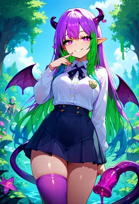 score_9, score_8_up, score_7_up, 1girl, succubus tail, tailjob, 1boy, slime, huge tail, monster girl, multicolored hair, purple hair, green hair, wings, skirt, outdoors