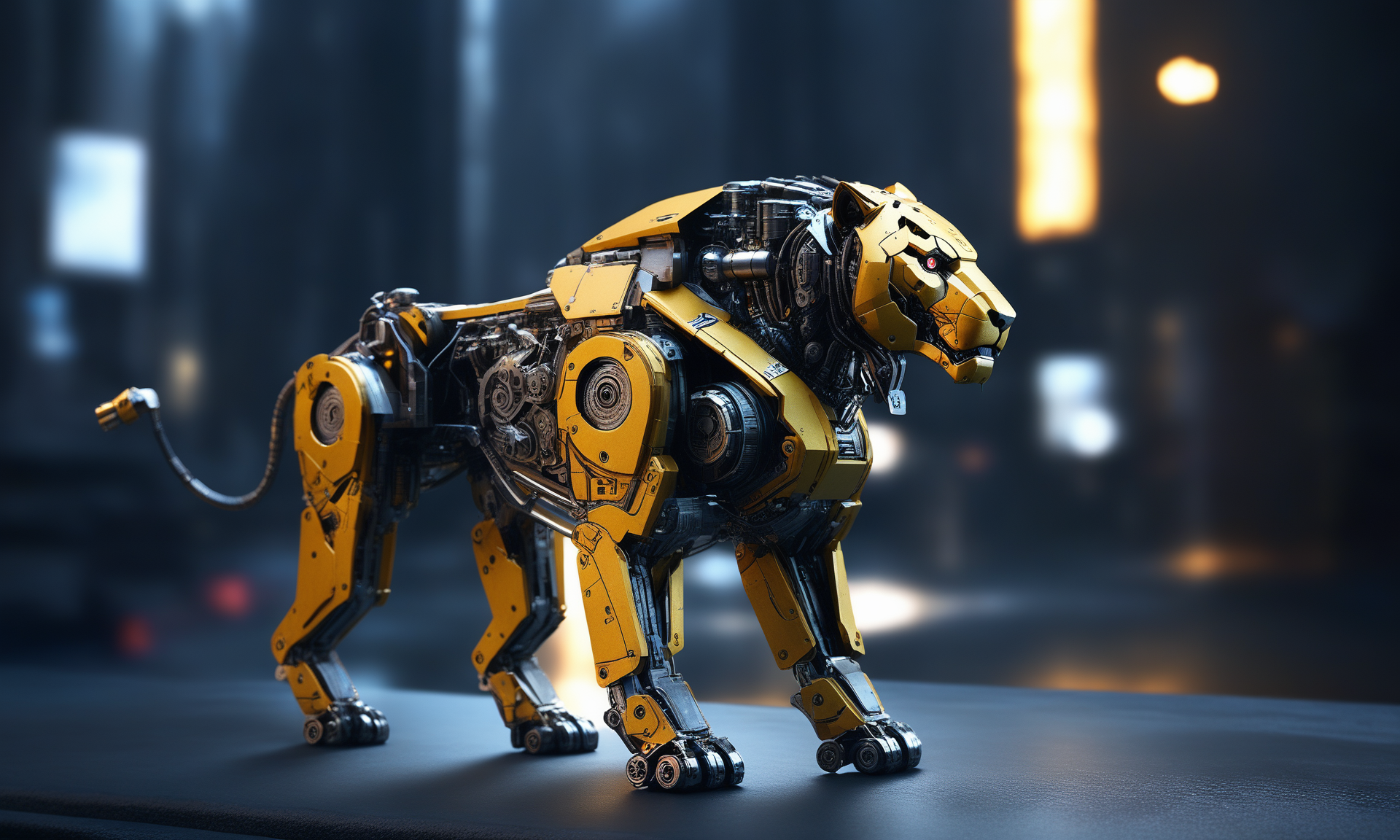 <lora:mechcd_xl-000007:0.8>,a (mechcd_xl,mech,cyberpunk,shiny,glowing,mechanical parts,joints,military) lion,yellow theme,no humans,solo,long-focus,tilt-shift,outdoors,full body,cityscape,at night,dim light,glowing eyes,science fiction,dystopian,futuristic,intricate,chinese zodiac,still life,front view,facing viewer,looking at viewer, emotional,harmonious,high budget,moody,epic,gorgeous,perfect lighting,realistic,photorealistic,photographic,photo (medium),real,moody lighting,volumetric lighting,reality ray tracing,8K,HDR,UHD,masterpiece,best quality,highly detailed,high resolution,finely detail,extremely detailed,ultra detailed,wallpaper