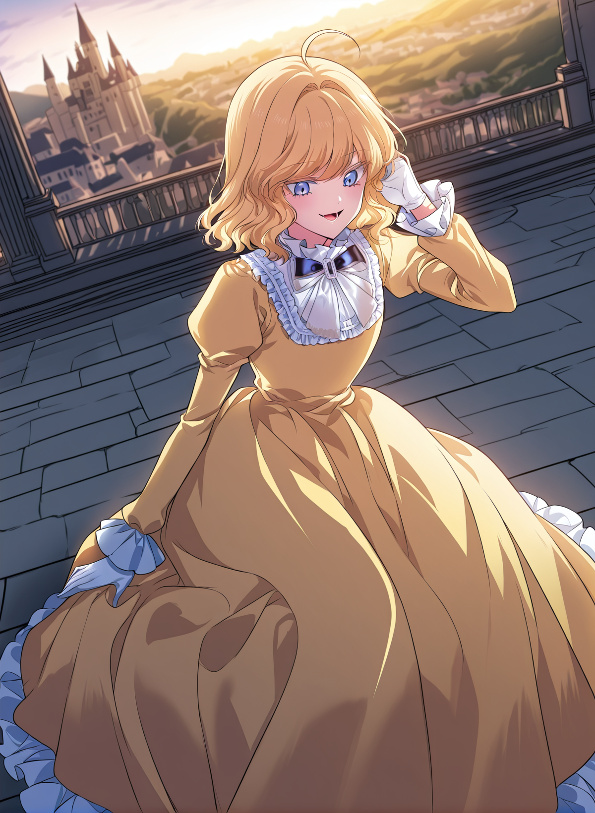 <lora:Heresy_Inquisitor_Female__SSS_Class_Suicide_Hunter__Illustrious:1>
1 girl, solo, blue eyes, short hair, wavy hair, blonde hair, fluffy hair, loose curls, ahoge, parted bangs, soft volume, slightly messy,
elegant yellow dress, long puffed sleeves, white frills, ruffled collar, bow tie, floor-length skirt, formal gown, aristocratic dress, white gloves, 
score_9, score_8_up, score_7_up, very aesthetic, source_anime, detailed, high quality, beautiful, masterpiece, detailed eyes, castle, village, blurry background, cityscape, pose dynamic angle, evil smile, open mouth, hand on hair, sitting
