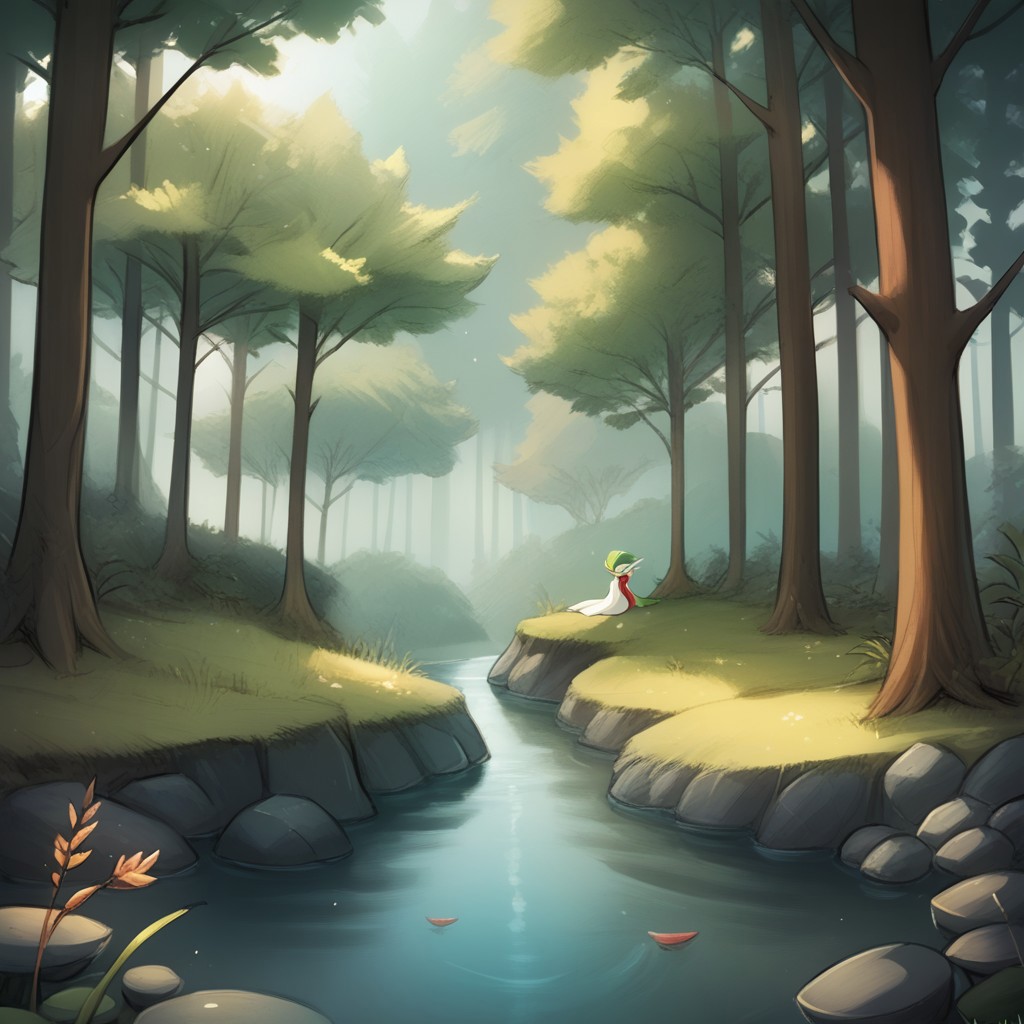 score_9, score_8_up, score_7_up, score_6_up, score_5_up, score_4_up, cartoon style,
 luminekoStyle,
cartoony style, 
1 girl, gardevoir, green_hair, green_skin, hair_over_one_eye, 
forest, river, bathing,