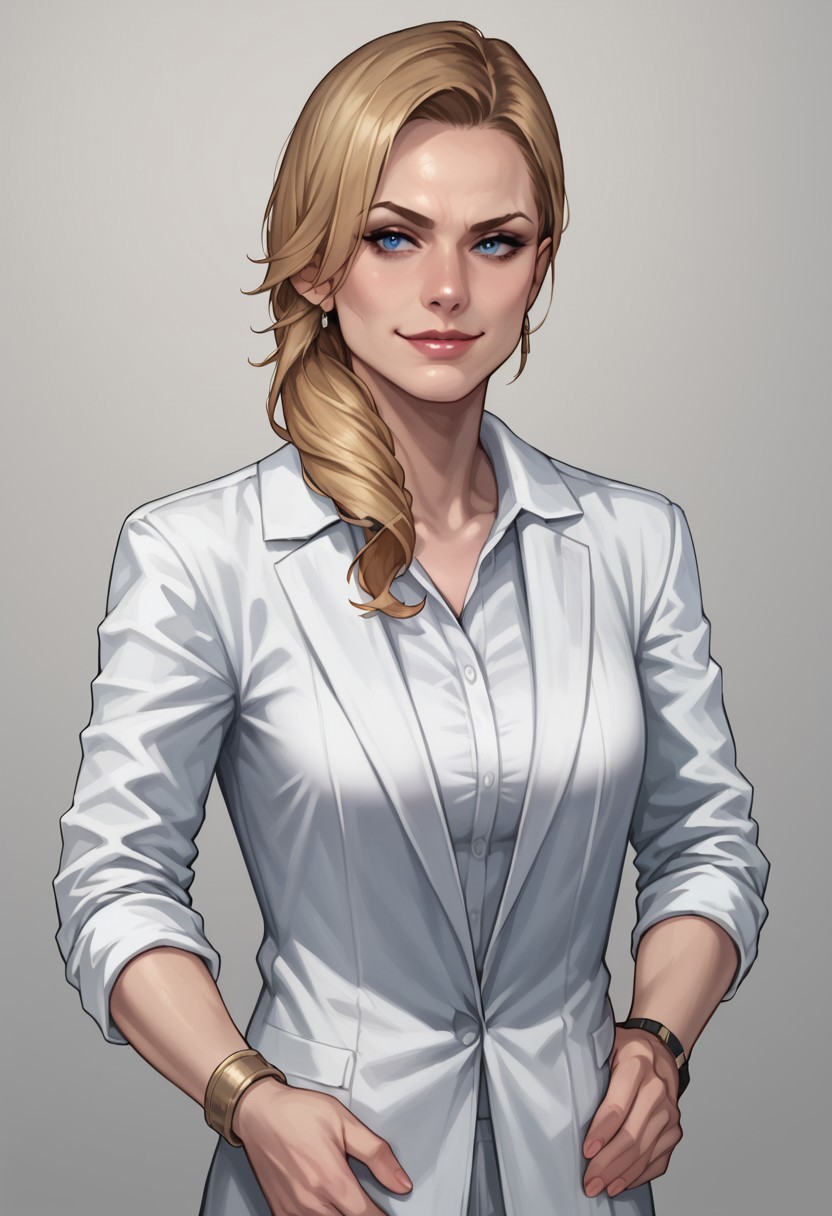 score_9, score_8_up, score_7_up, score_6_up, source_realistic, cowboy shot, BREAK smug, 1girl, Alexwesker, blonde, hair over shoulder, makeup, blue eyes, white suit, collared shirt, bracelets, standing, hands on waist,