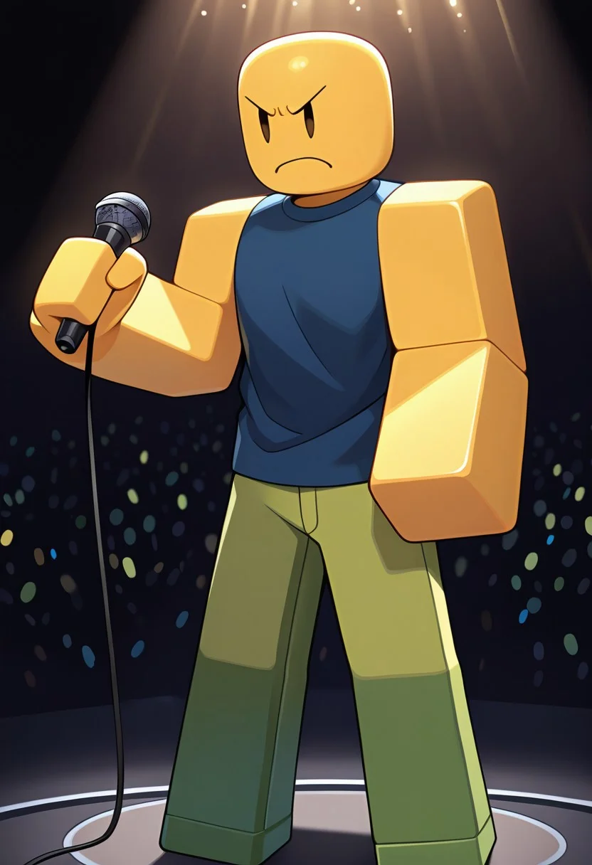 masterpiece, best quality, amazing quality, very aesthetic, absurdres, newest,
holding microphone, angry, open mouth straight arm,
noob, solo, smile, colored skin, yellow skin, 1boy, yellow block arms, green block legs, round head, , closed mouth, blue shirt, green pants, solid oval eyes, sleeveless,