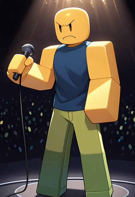 masterpiece, best quality, amazing quality, very aesthetic, absurdres, newest,
holding microphone, angry, open mouth straight arm,
noob, solo, smile, colored skin, yellow skin, 1boy, yellow block arms, green block legs, round head, , closed mouth, blue shirt, green pants, solid oval eyes, sleeveless,