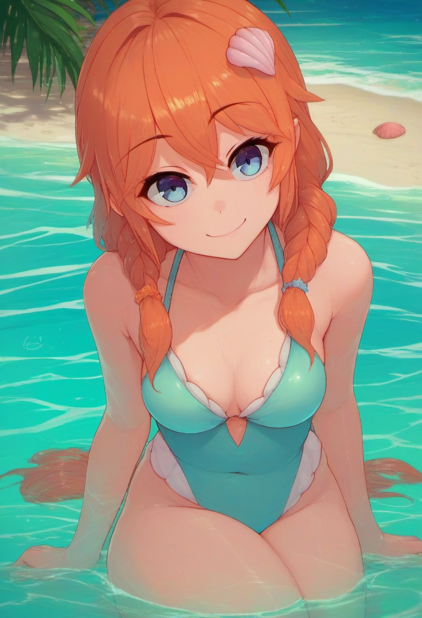 zPDXL, score_9, score_8_up, score_7_up, score_6_up, score_5_up, score_4_up, BREAK <lora:Molly_MacCormack_from_LiL_PonyXL:0.8>, swimsuit_molly, 1girl, solo, hair between eyes, as a mermaid, sitting in water, partially submerged, looking at viewer, smile, seashell hair ornament