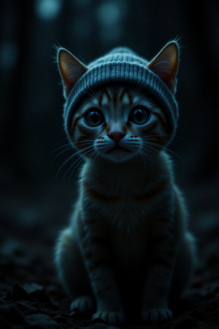 night, bwp-face, close up of a scared and crying cat wearing a grey beanie looking into camera, movie, cinematic, deep shadows, dark forest, film grain, (nighttime:1.3),   
 
((This is a high-resolution photo with a striking, futuristic look.
A glowing, pixelated pattern is covered in vibrant colors, including red, orange, yellow, green, blue, and white, creating a mesmerizing, almost holographic effect.
The colors are arranged in a complex, abstract design, with some parts of the pattern denser than others.
It is smooth and flawless, highlighted by the contrast of the glowing pixels.
The abstract lines that the pixelated pattern reflects and seamlessly blends into the light show.):0.5)