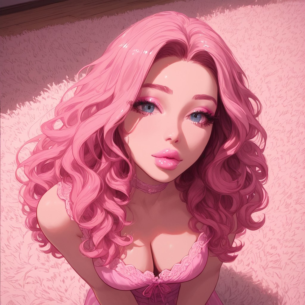 score_9, score_7_up, (masterpiece,best quality,ultra_detailed,highres,absurdres:1.2),
1girl, brown hair, wavy hair, pink highlights, pink lipstick, pink eyeliner, mascara, pink eyeshadow, looking at viewer, kneeling, sad, horny, drooling, rug on floor,