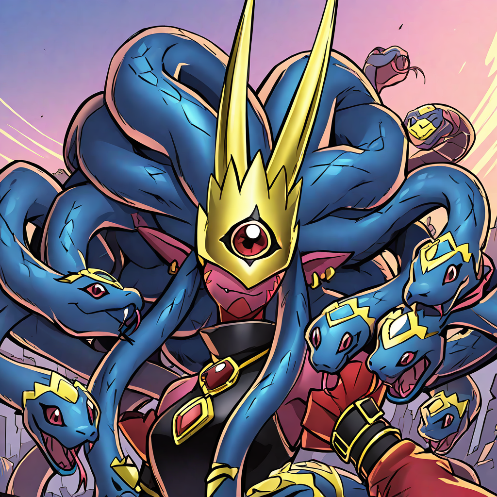 digimon adventure,1girl,solo,medusamon,upper body,outdoors,smile,looking at viewer,golden horned mask,snake hair