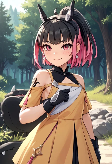 score_4,score_5,score_6,score_7_up,score_8_up,score_9 ((masterpiece,best quality,ultra detailed,highres,HD,4k:1.2)), 
1 girl,solo,face focus,
mawile, human girl,,young,petite,
ponytail,black hair,blant bangs,Tactile hair,earrings,small breast,s,multicolored hair,Inner color pink hair,earrings,small breast,tattoo,black head gear,earrings,small breast,
black gloves,skirt,shirt,Exposed shoulders, exposed upper arms, jewelry,
outdoors,in the forest,day,
standing,
smile,.blush,light smile,