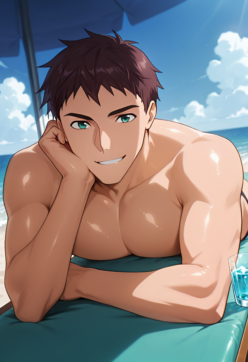 masterpiece, best quality, newest, absurdres, anime screencap, intricate details, good quality, very awa, highres, perfect proportions, perfect eyes, amazing quality, very aesthetic, 1boy, saij0u_l30nhard, brown_l30_hair, green_l30_eyes, solo, male focus, anime coloring, muscular male, expressive face, looking at viewer, smiling, shiny skin, glass, lying, elbow rest, outdoors beach, beach umbrella, shade,  shadow, dynamic angle, dynamic action, atmospheric perspective, intricate lighting, intricately detailed illustration, depth of field,