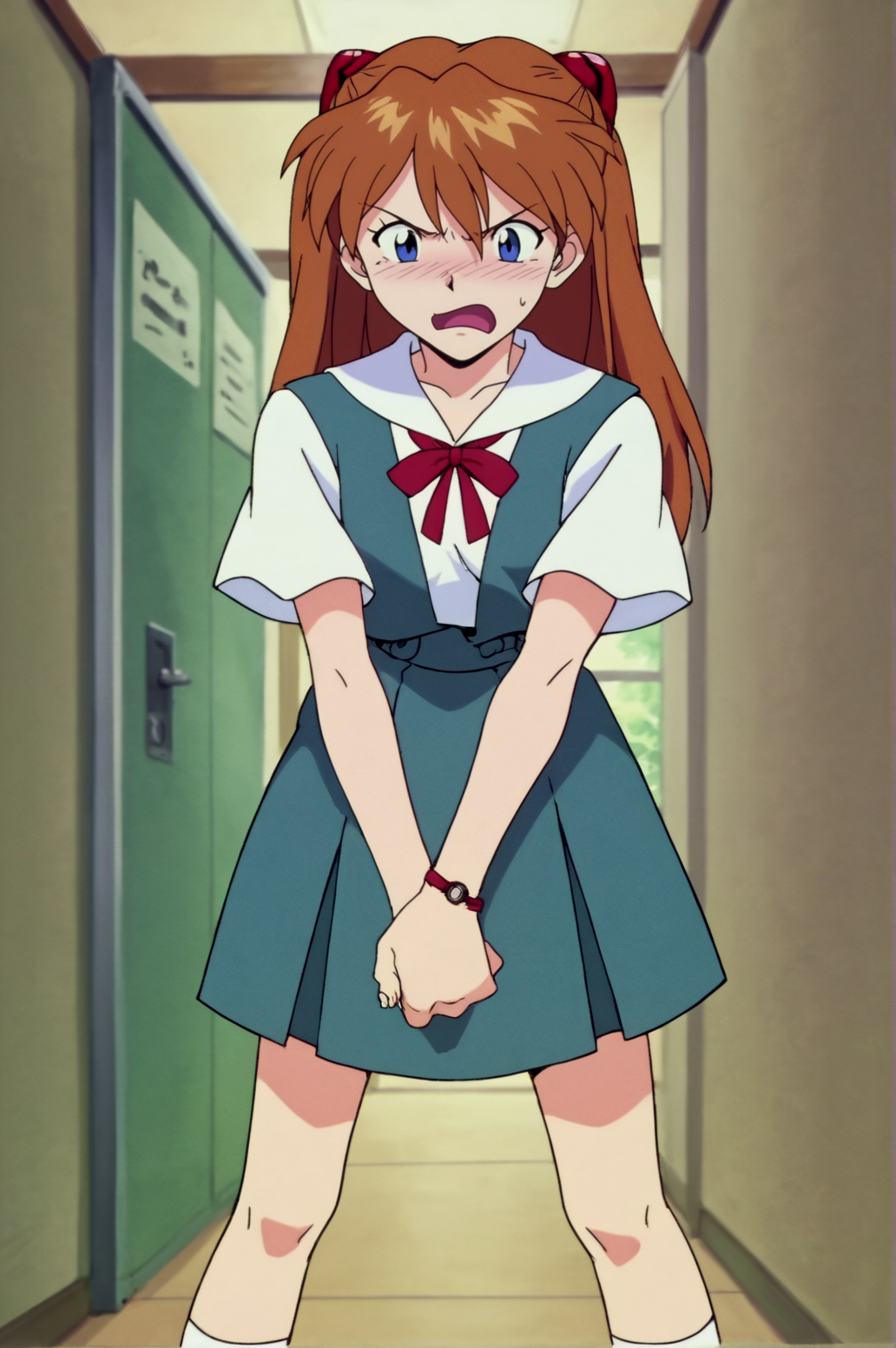 score_9, score_8_up, score_7_up,anime_source, source_anime, best background, detailed background, anime screencap,  Asuka Soryu Langley, student uniform, solo, horny, dynamic camera, indoors, corridor, dynamic angle, dynamic camera, tsundere, embarrassed, enraged, fuck finger, middle finger, legs apart, <lora:JN_Asuka_Soryu_Langley:0.8>
