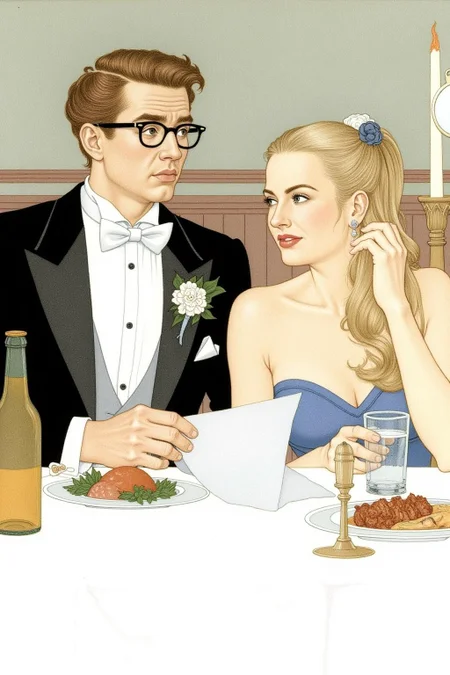 olgadugina1 illustration.
kard1. A man and a woman seated at a table covered with a white tablecloth. kard1 illustration, close up portrait of a couple at a restaurant. The man, on the left, is dressed in a classic black tuxedo with a white bow tie and a white boutonniere on his lapel. He is wearing glasses and holding a piece of paper, looking surprised or confused. His hair is neatly styled. In front of him, there are various items on the table, including a bottle of beer, a plate with food, a glass, and a candle. The blond woman is touching her hair with one hand while holding a handheld mirror. <lora:olgadugina2_cap_d6a3e9:1.0><lora:858119944724869604:0>