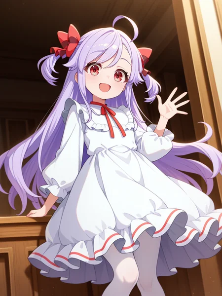 masterpiece, best quality, amazing quality, 1girl, solo, looking at viewer,
dress, white dress, frilled dress, neck ribbon, long sleeves, puffy sleeves, white pantyhose,
anime coloring, <lora:Niizuma_Yae_SIRIUS-10:1>, Niizuma_Yae_SIRIUS, long hair, red eyes, hair bow, red ribbon, purple hair, two side up, ahoge, sidelocks, swept bangs, happy, waving