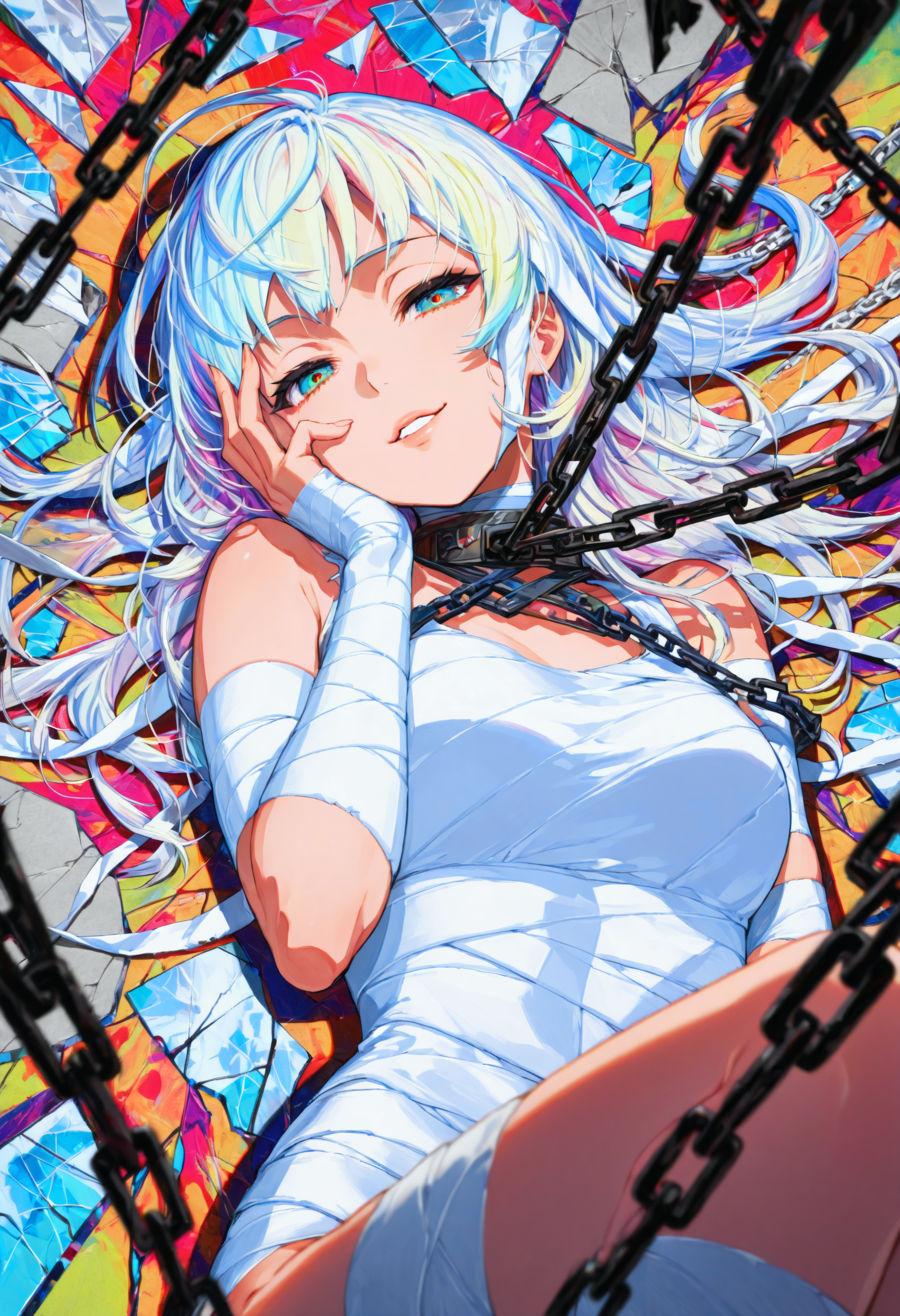 <lora:Style_Mika_Pikazo:1>, colorful, multicolored background, blurry foreground,
1girl, bandaged arm, broken glass, chain, bondage, from above, looking at viewer, lying, on back, parted lips, seductive smile, hand on own face, masterpiece, best quality