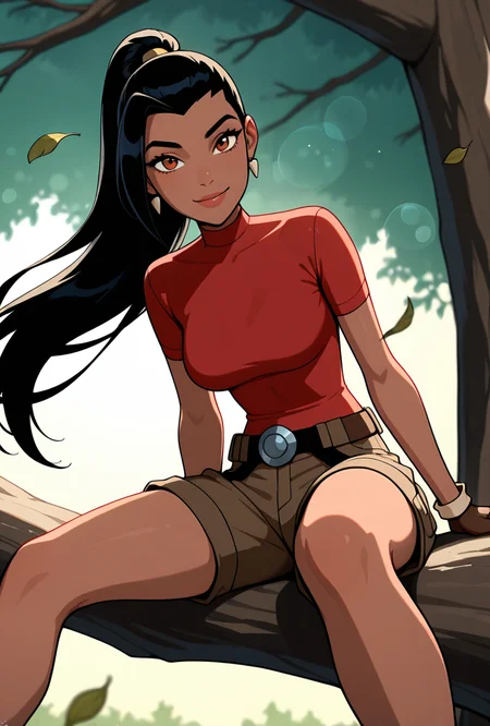<lora:ovkai-10:1> ovkai, 1girl, long hair, black hair, dark skin, ponytail, earrings, lips, red shirt, short sleeves, turtleneck, brown cargo shorts, fingerless gloves, looking at viewer, cartoon, screencap, dynamic pose, from the bottom, sitting on tree branch, foreground blur, falling leaves, lens flare, sitting in tree, smile,, masterpiece, best quality, amazing quality, very aesthetic, absurdres, newest,