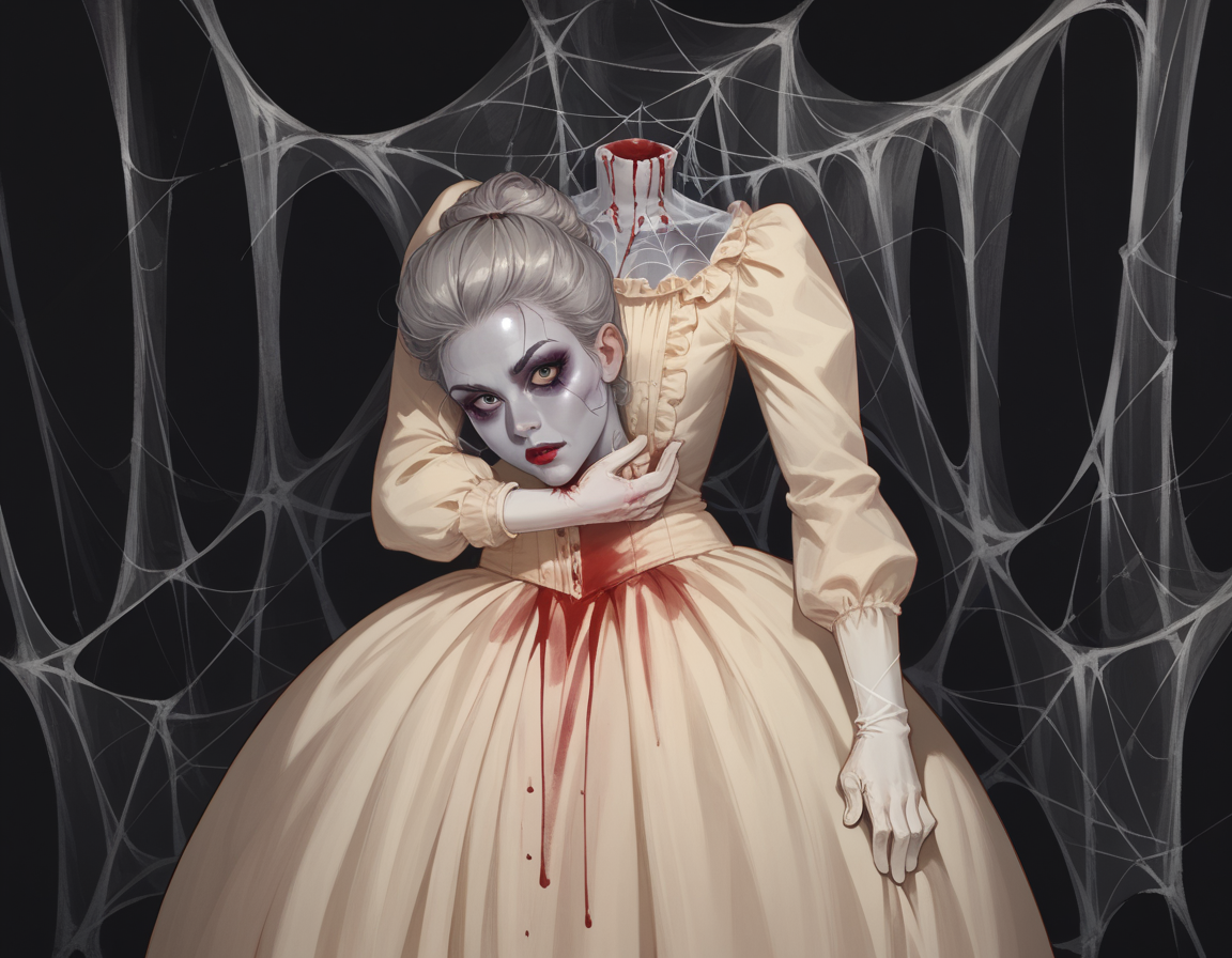 score_9, score_8_up, score_7_up, score_6_up, score_5_up, score_4_up, , 1girl, solo, looking at viewer, dress, long sleeves, white gloves, grey hair, makeup, lipstick, eyeshadow, eyeliner, colored skin, blood, spider web, hud_s3v_h3ad, holding, holding head, horror (theme), disembodied head <lora:hud_s3v_h3ad_XLP:1>,