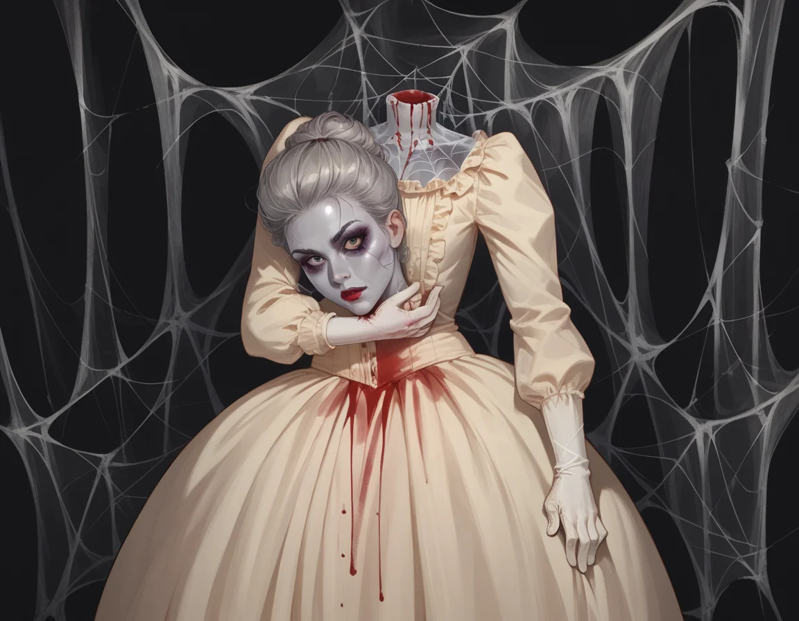 score_9, score_8_up, score_7_up, score_6_up, score_5_up, score_4_up, , 1girl, solo, looking at viewer, dress, long sleeves, white gloves, grey hair, makeup, lipstick, eyeshadow, eyeliner, colored skin, blood, spider web, hud_s3v_h3ad, holding, holding head, horror (theme), disembodied head <lora:hud_s3v_h3ad_XLP:1>,
