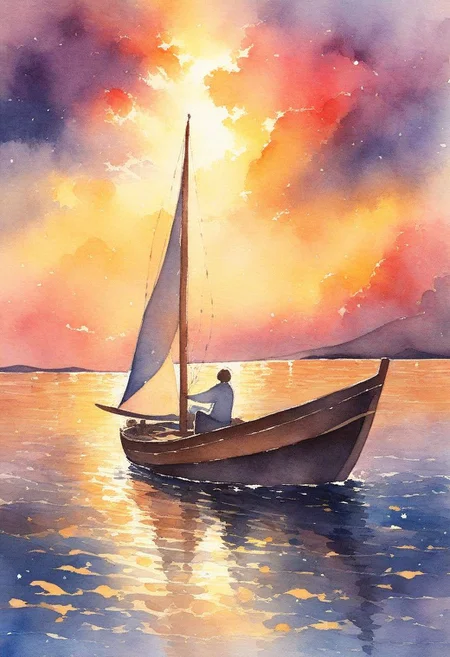 watercolor painting sunset, high tide, golden sand, calm sea, colored clouds, rays of light break through the clouds, in the reflection of light on the water, a sailing, boat is a fish, the sea shimmers with bright colors . vibrant, beautiful, painterly, detailed, textural, Artistic, style-hamunaptra