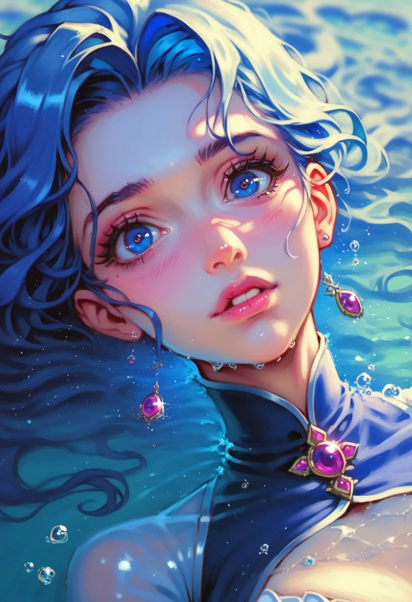 score_9, score_8_up, score_7_up, score_6_up, score_5_up, sexy petity body, 1girl, A sublime woman, cute face, emerges from a raging storm, cute face, blue eyes, Long Blue floating hair. Her figure, submerged in the waters of a lake, water swirl around her, creating a surreal backdrop as she emerges unscathed, serene expression. (Ethereal emergence,  surreal backdrop, serene amidst chaos). BREAK, masterpiece, HDR, UHD, 8k, highly detailed,  award winning, intricate details, fantasy, dream,   <lora:r1ge - AnimeRage:0.5> rage, <lora:WizardCoreAISD15:0.2>,  <lora:Util_breastsizeslideroffset:-0.4>