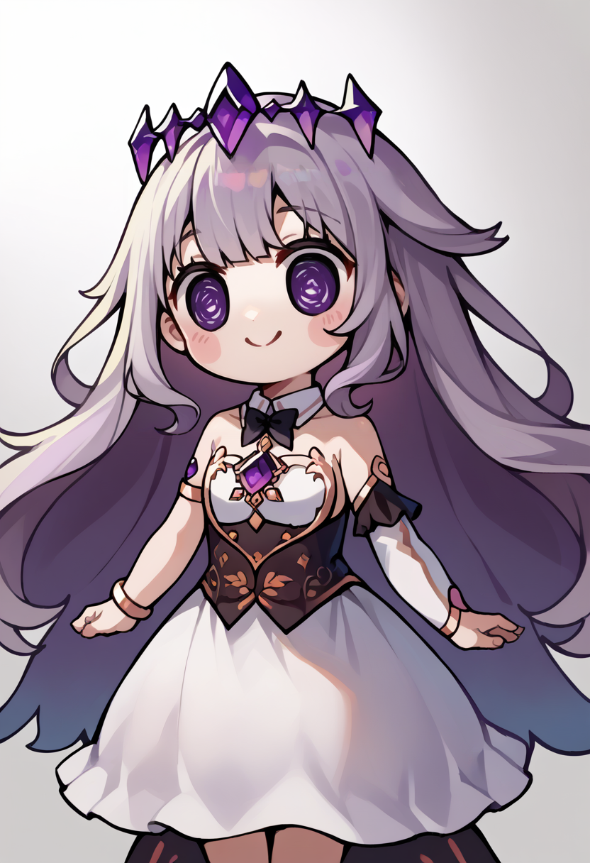 score_9, score_8_up, source_anime, chibi, 1girl, solo, BijouBase, long hair, hair flaps, purple gemstones, floating headpiece, detached collar, white dress, medium dress, strapless, black corset, waist cape, coattails, single detached sleeve, white sleeves, arm garter, armlet, smile, <lora:ChamKosekiBijouPonyXL:0.8> <lora:style_beegsmol_ponyXL:1.0>