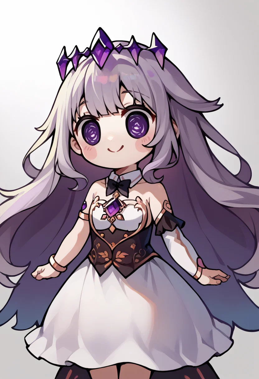 score_9, score_8_up, source_anime, chibi, 1girl, solo, BijouBase, long hair, hair flaps, purple gemstones, floating headpiece, detached collar, white dress, medium dress, strapless, black corset, waist cape, coattails, single detached sleeve, white sleeves, arm garter, armlet, smile, <lora:ChamKosekiBijouPonyXL:0.8> <lora:style_beegsmol_ponyXL:1.0>