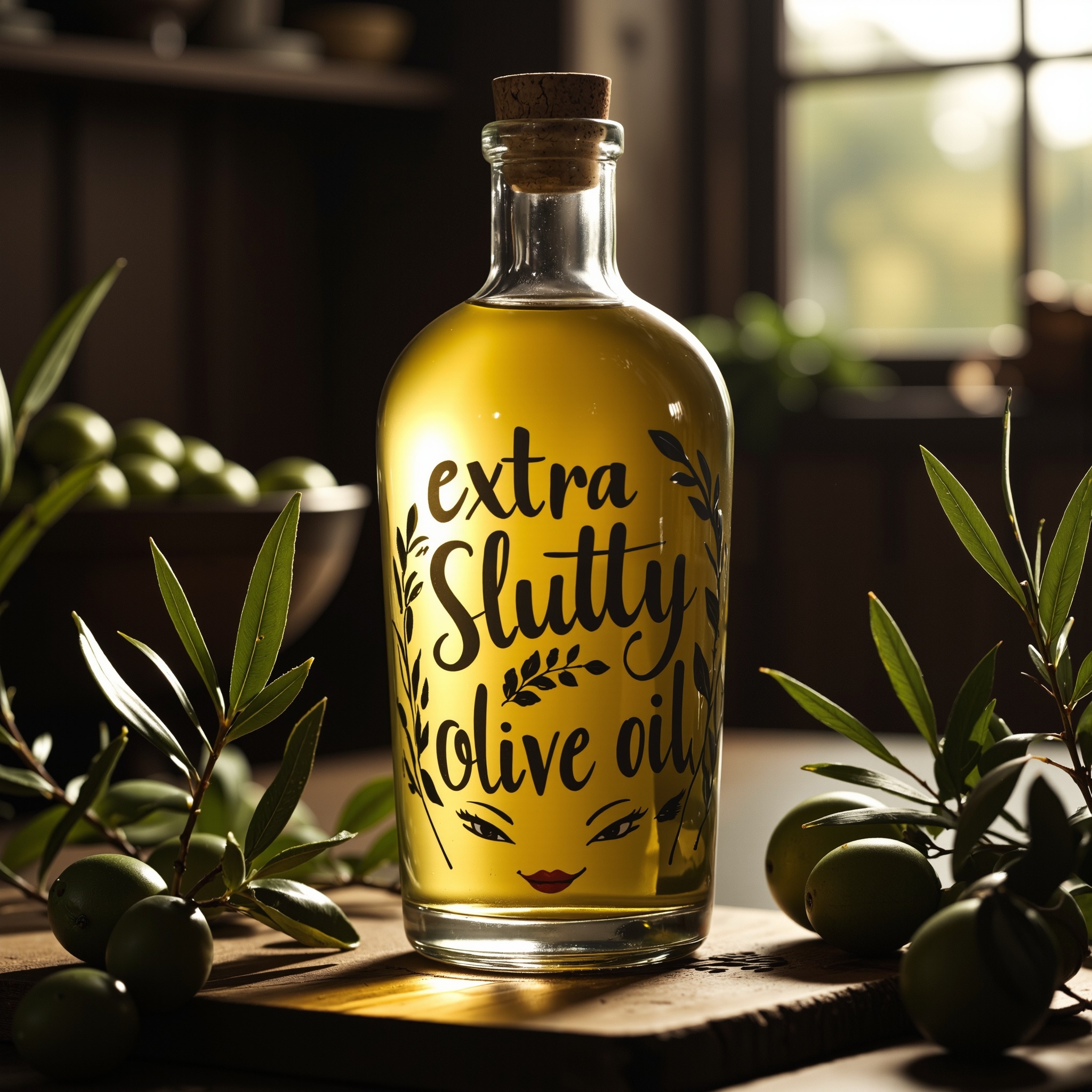 This image features a glass bottle of olive oil with a cork stopper, sitting on a rustic wooden surface. The golden-yellow liquid inside reflects soft, natural light coming from a window in the background, creating a warm and inviting atmosphere. Surrounding the bottle are fresh green olives and olive branches, reinforcing the product's natural origins.  The most striking element is the label, which reads "extra Slutty Olive Oil" in playful, handwritten-style typography. The word Slutty is emphasized in large, curvy letters, making it the focal point. The label also includes two cartoonish, smiling olives, one winking mischievously, adding to the humorous and whimsical aesthetic. Delicate hand-drawn olive branches frame the text, giving it an artisanal feel.  The background has a blurred effect, emphasizing the bottle as the main subject. The setting appears to be a cozy kitchen or a small artisanal shop, with warm, earthy tones that complement the deep green of the olives and the golden hue of the oil. The lighting is soft and diffused, casting gentle highlights on the glass surface.  This feels like something straight out of a fantasy setting, almost as if it belongs in an enchanted marketplace where mischievous elves craft their own line of premium oils. Given your experience in AI art and realism-focused models, I can totally see you crafting a hyper-detailed, storytelling-driven brand like this—maybe even as part of a world-building project. If you ever make a food-themed Stable Diffusion model, this kind of playful yet high-quality aesthetic would be a fantastic direction.