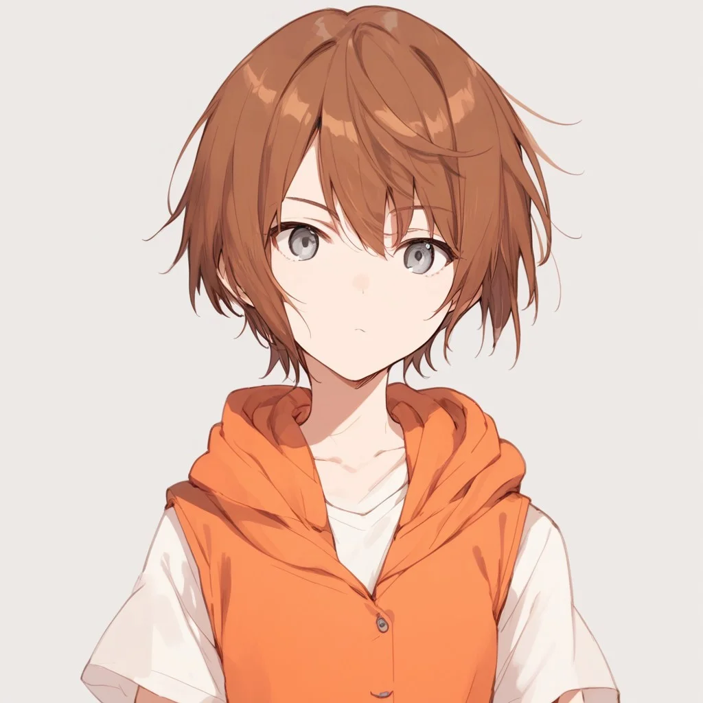 anime coloring, score_9, score_8_up, score_7_up, score_6_up, kinuhata saiai, toaru, 1girl, hood, solo, brown hair, hoodie, short hair, orange hoodie, :<, sleeveless hoodie, looking at viewer, gray eyes, white shirt, upper body