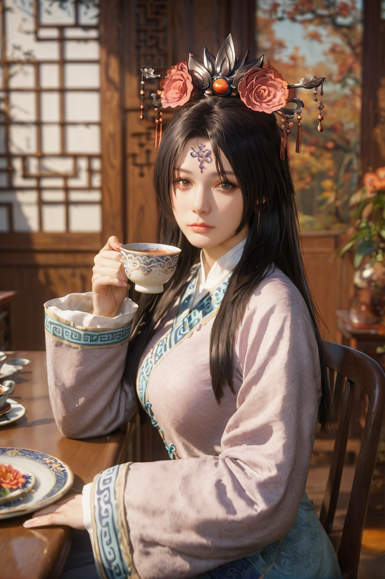 score_9, score_8_up, score_7_up, sit on the chair with table, hand hold cup of tea,<lora:Yu_Meiren_Dynasty_Warriors:0.7> 1girl, solo, black hair, long hair, hair ornament, hair flower, brown eyes, chinese clothes, long sleeves, looking at viewer