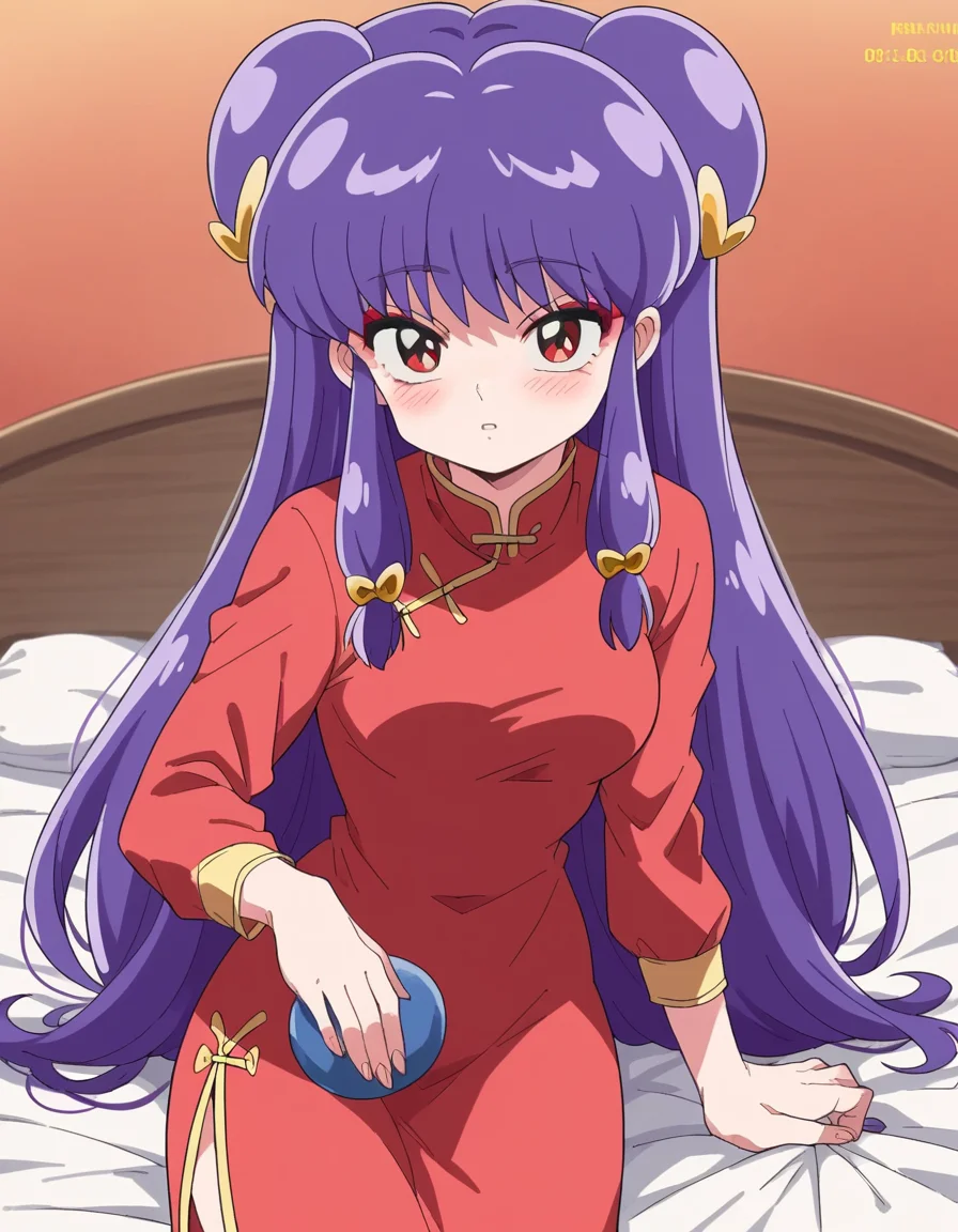 score_9, score_8_up, score_7_up, source_anime, <lora:shampoo-leak-ponyxl-lora-nochekaiser:1>, shampoo, shampoo (ranma 1/2), long hair, hair ornament, red eyes, purple hair, hair bun, double bun,, dress, chinese clothes, china dress, red dress, long sleeves,, indoors, bed, bed room, on side, blush, drunk, looking at viewer, solo,, cowboy shot, dutch angle