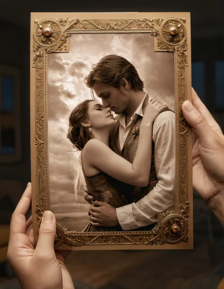 a hand holding an old sepia tone paper photo showing a young couple in love, comfortable living room in background, atmospheric solitude and melancholy of love lost, adorned with moody hues and poignant symbols, dynamic composition, intricate details, trending on artstation, masterpiece, 8k <lora:add-detail-xl:2>