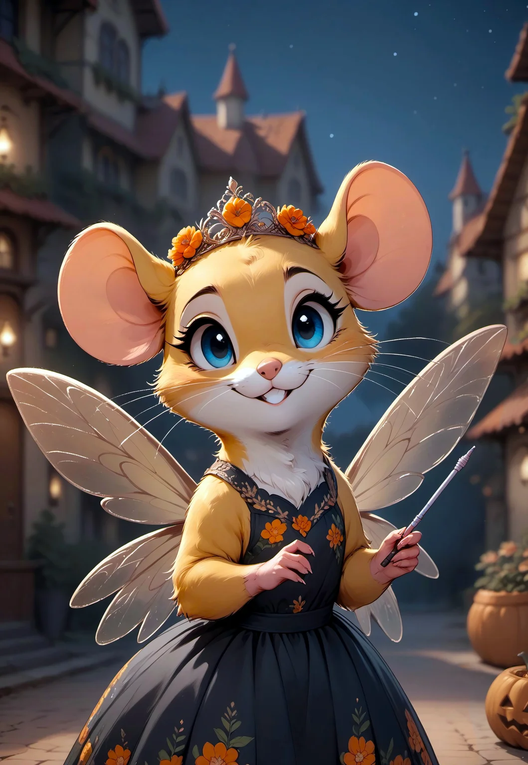 score_9, score_8_up, score_7_up, score_6_up, score_5_up, score_4_up, m0use_goldie, vivid colors, yellow fur, flat color, (elegant black floral gown), wearing floral tiara, (wearing flowers:1.5), (dark fairy wings:1.5), (holding magic wand:1.5), (feral:1.5), (upper body shot head focus), detailed background, smile at viewer, (joyous expression:1.5), (night, dark:2), halloween, (depth of field, blurry background:2)