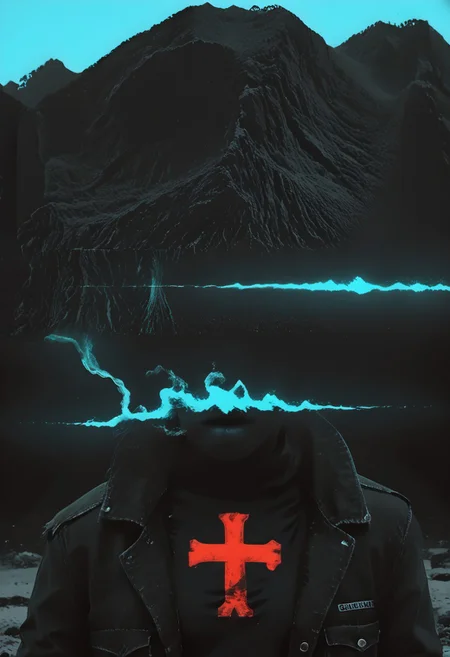 KNIGHT CRUSADER, flat great helm with a cross, hyper-realistic, 8K, detailed, masterpiece, dcr34sed_c0l0ring, monochrome neon blue theme, retro neon punk, surrealism, deconstructed, mixed media, collage, outsider-art, punk style, tattered shirt, rugged jacket, cigarette, smoke, horns, iridescent clean orbits, five orbits of different sizes, centered figure, asymmetrical wall, red rocks, porous texture, toxic fluorescent green fluid, glowing drips, abstract, high detail, cinematic lighting, dramatic shadows, atmospheric effects, intricate textures, reflective highlights, dynamic composition, avant-garde.