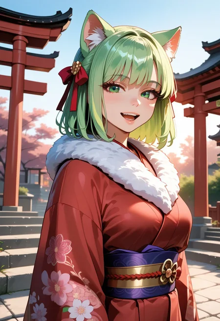 score_9, score_8_up, score_7_up,detailed background, dynamic angle, volumetric lighting, godrays,detailed eyes, expressive eyes, highres, perfection, perfect,<lora:CMN(Pony)0.1v:1>,1 cat girl, emerald green eyes, cat tail, cat ears, light green hair, medium hair, smile, (:3:0.9), (open mouth:0.9), cute, kimono, hair ribbon, fur scarf, pose, torii, stone stairs, morning pink fog, sunrise, sharp focus, looking at viewer, depth of field, cowboy shot, (intricate:1.2), (pale red tone:1.1), (pink tone:0.9), (pale red atmosphere:1.1), illustration, (anime coloring:1.1), high contrast, (masterpiece:1.2), (best quality:1.2), (very aesthetic:1.2), (absurdres:1.2), (detailed background), newest, ai-generated, (intricate details:1.2), source_anime, rating_questionable,depth of field, cinematic lighting, detailed clothes,(vivid colors:1.3),(fine texture:1.2),<lora:add-detail-xl:2>,<lora:detailed_notrigger:1>,<lora:SimplePositive_XL_v1_test_AutoRunMech:2>