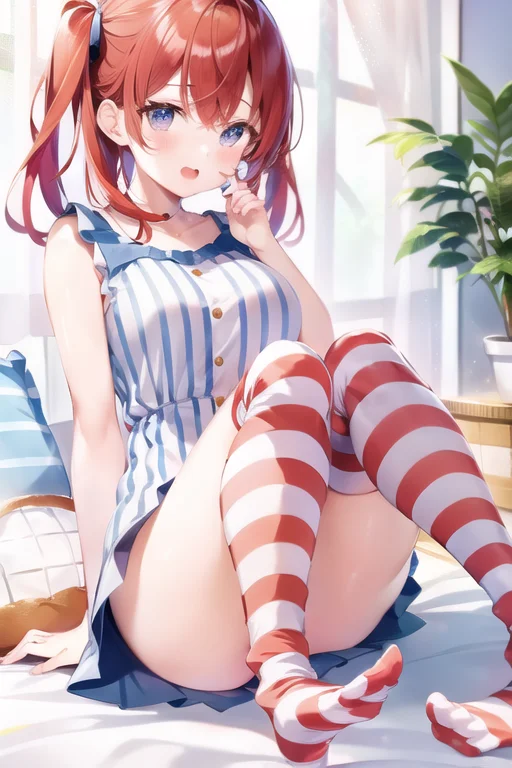 1girl, <lora:WendyW:0.7>, wendyw, striped socks, white and blue dress, red hair